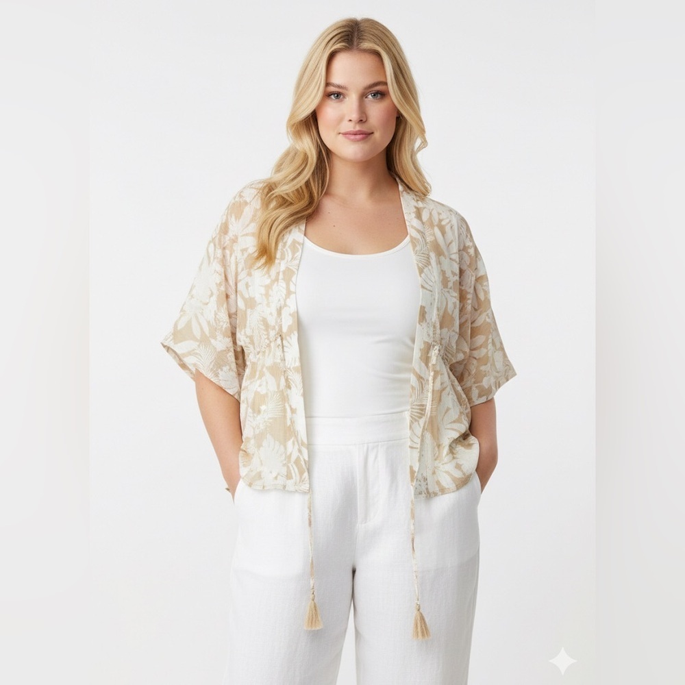 Catos tan & white tropical vacay kimono with tassels size large new with tags